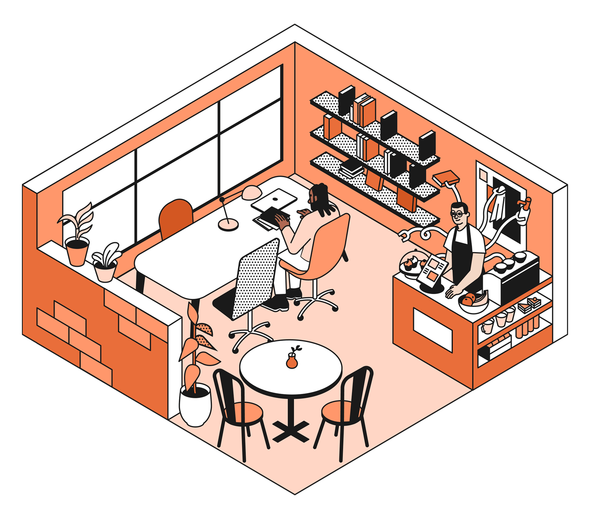 caricatura del interior de la cafeteria